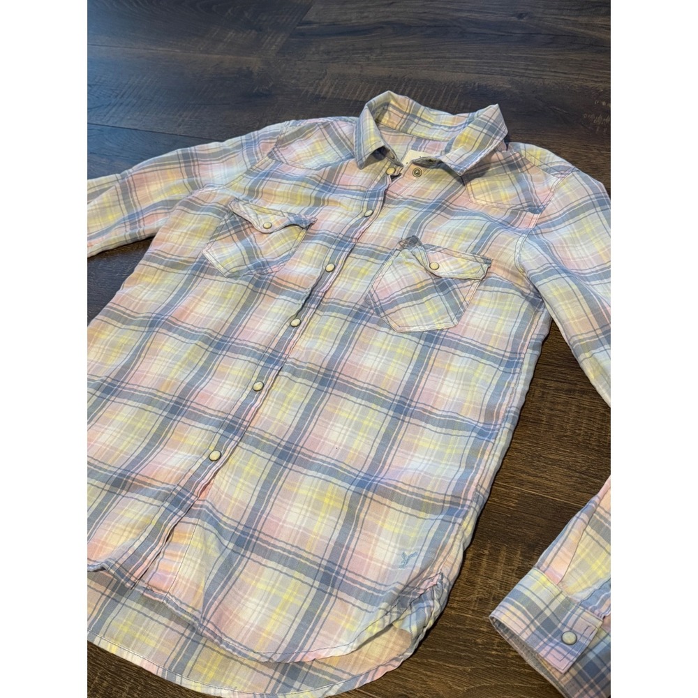 American Eagle Vintage Boyfriend Plaid Pastel Pearl Snap Button Down Shirt Small